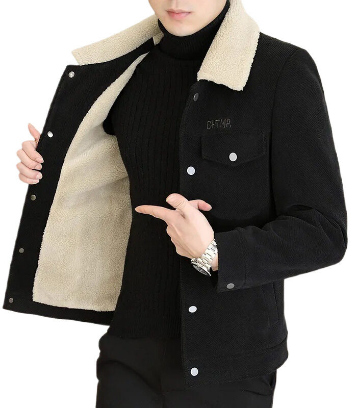 Men's Lapel Pure Color Ribbon Fur Collar Fleece Warm Jacket